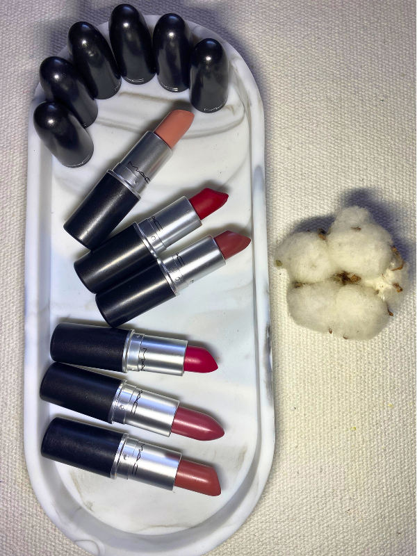 mac lipsticks on ceramic tray